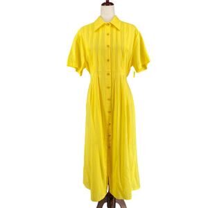 Vtg 80s 90s Two Potato Button Down Tie Back Short Sleeve Maxi Dress L Yellow NOS